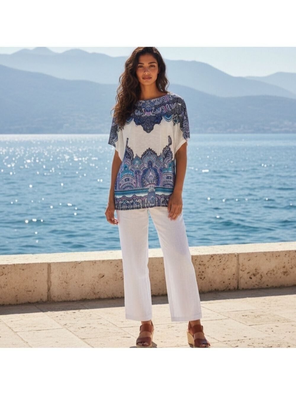 CACHE kimono top dolman sleeves blue Paisley on white size 2X